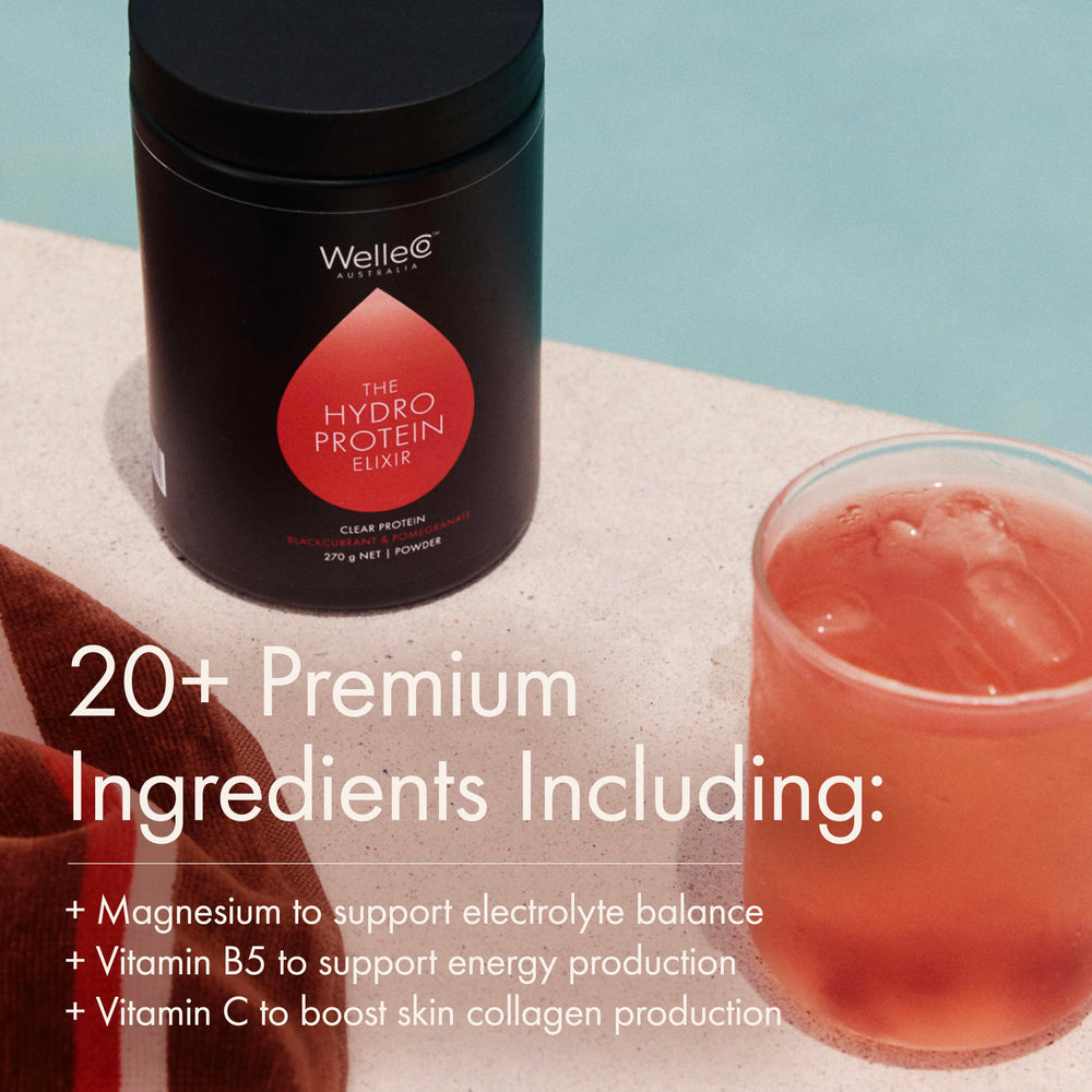 WelleCo HydroProtein Elixir passionfruit-turmeric scene suggests bright flavor