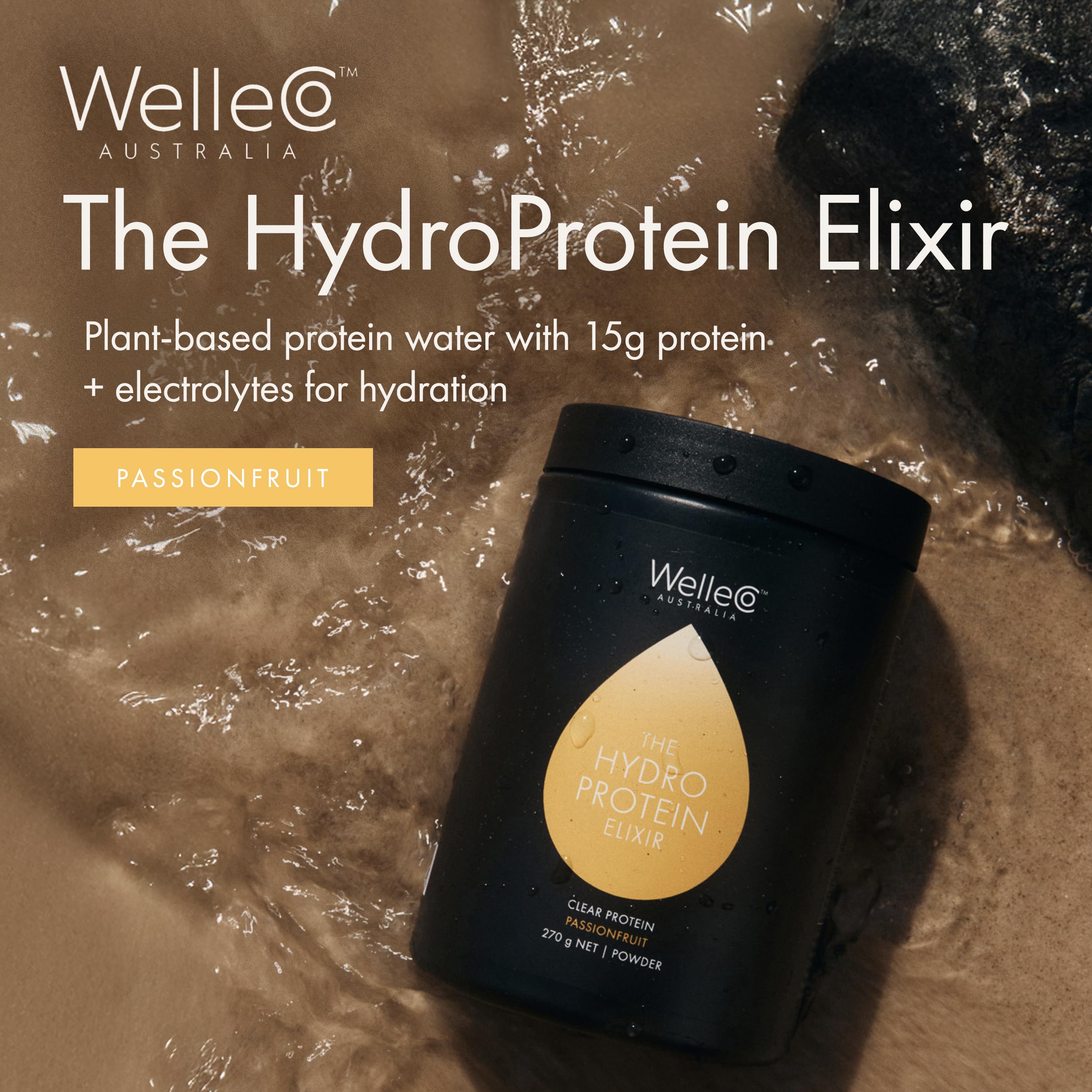 Scoop and powder of WelleCo HydroProtein Elixir for daily protein boost