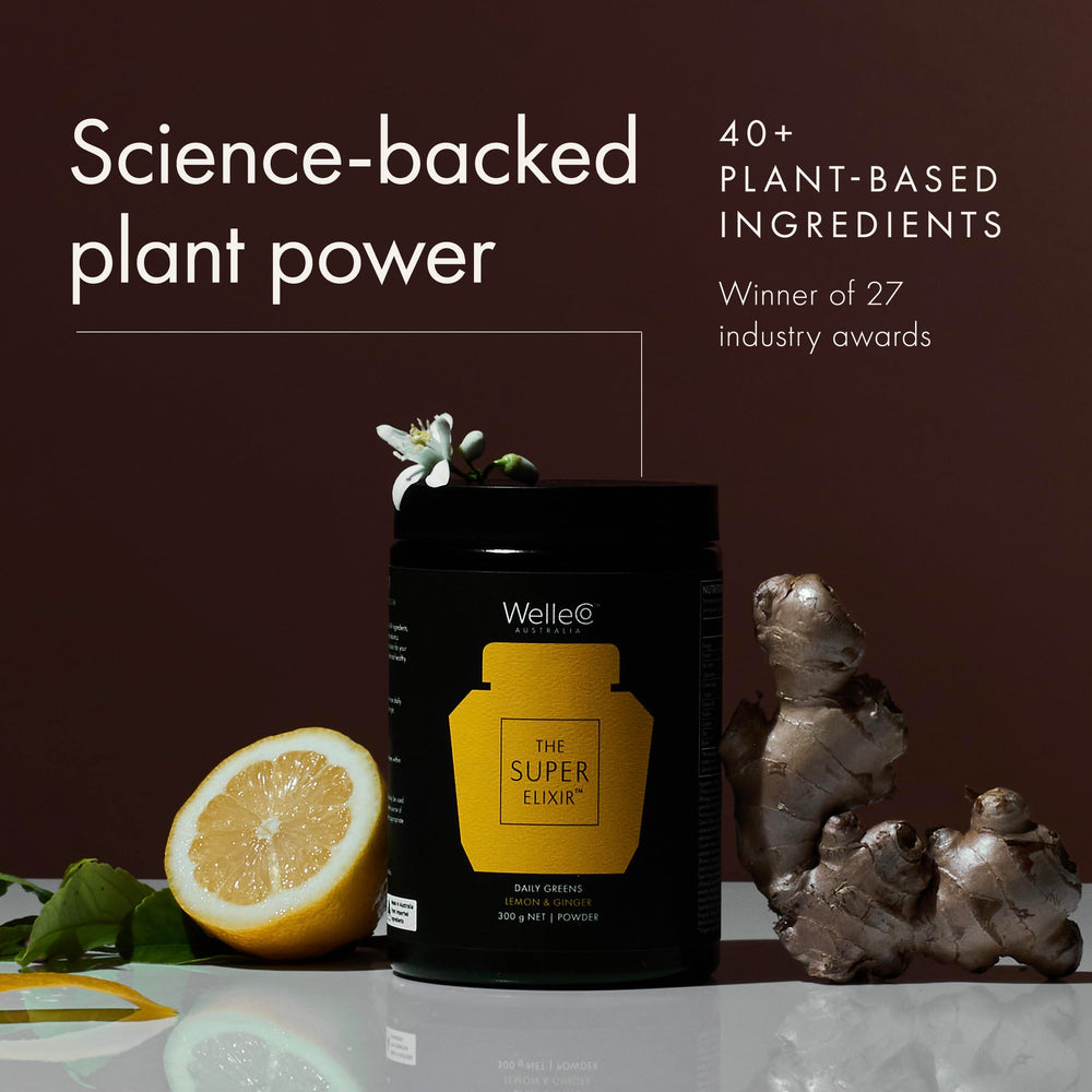 Acai, pomegranate, and grape seed ingredients displayed for antioxidant-rich benefits.
