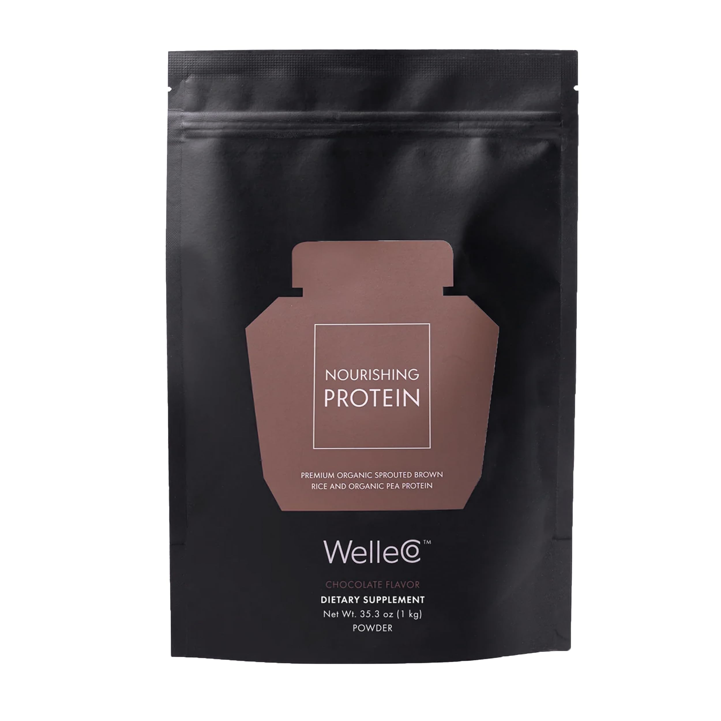 WelleCo plant-based chocolate protein powder tub with rich flavor for daily energy