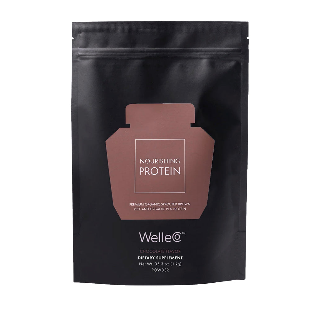 WelleCo plant-based chocolate protein powder tub with rich flavor for daily energy