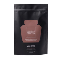 WelleCo plant-based chocolate protein powder tub with rich flavor for daily energy