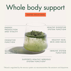 Ingredients display featuring probiotics, greens, and mushrooms in WelleCo The Super Elixir
