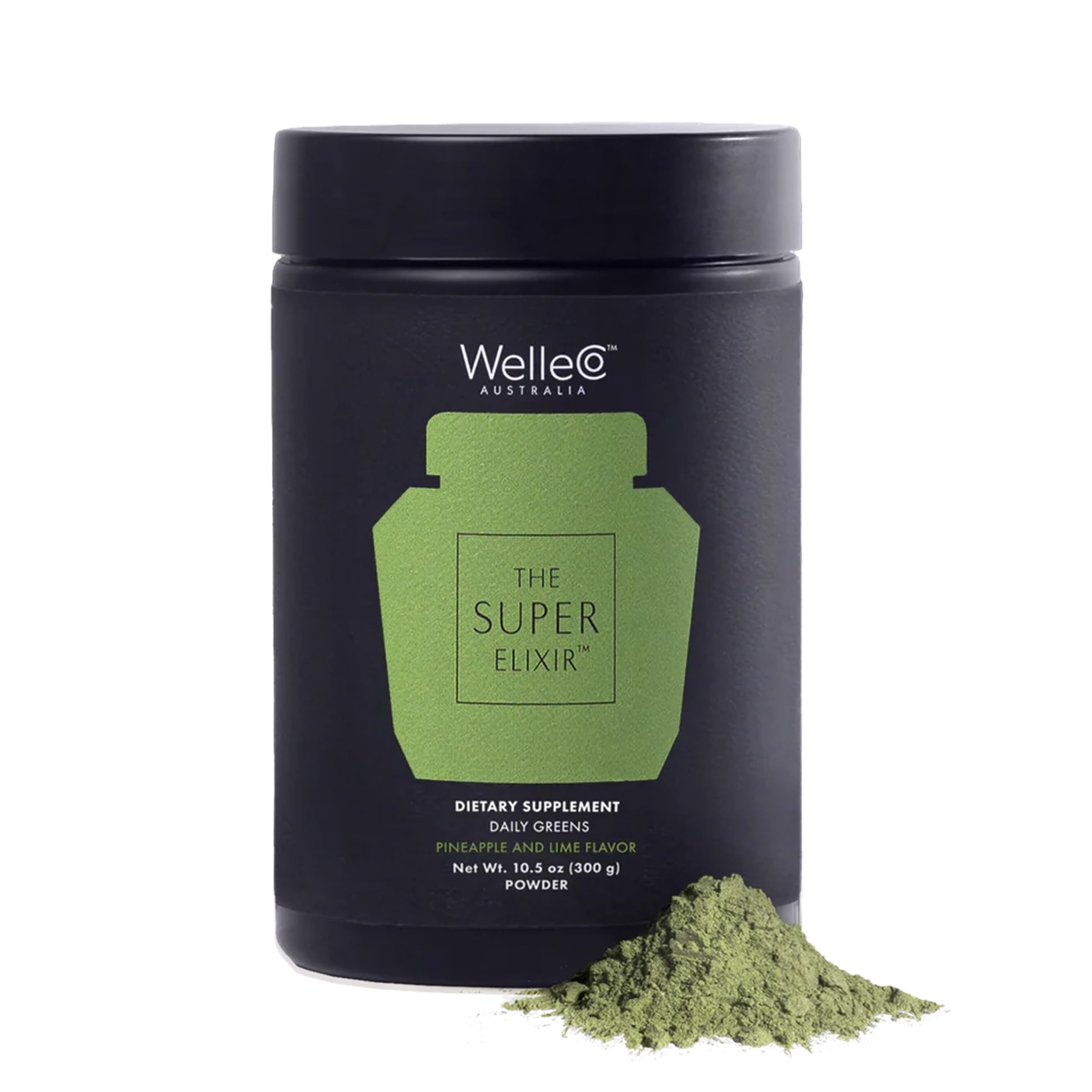 WelleCo Super Elixir daily greens jar showcases pineapple lime flavor for daily wellness