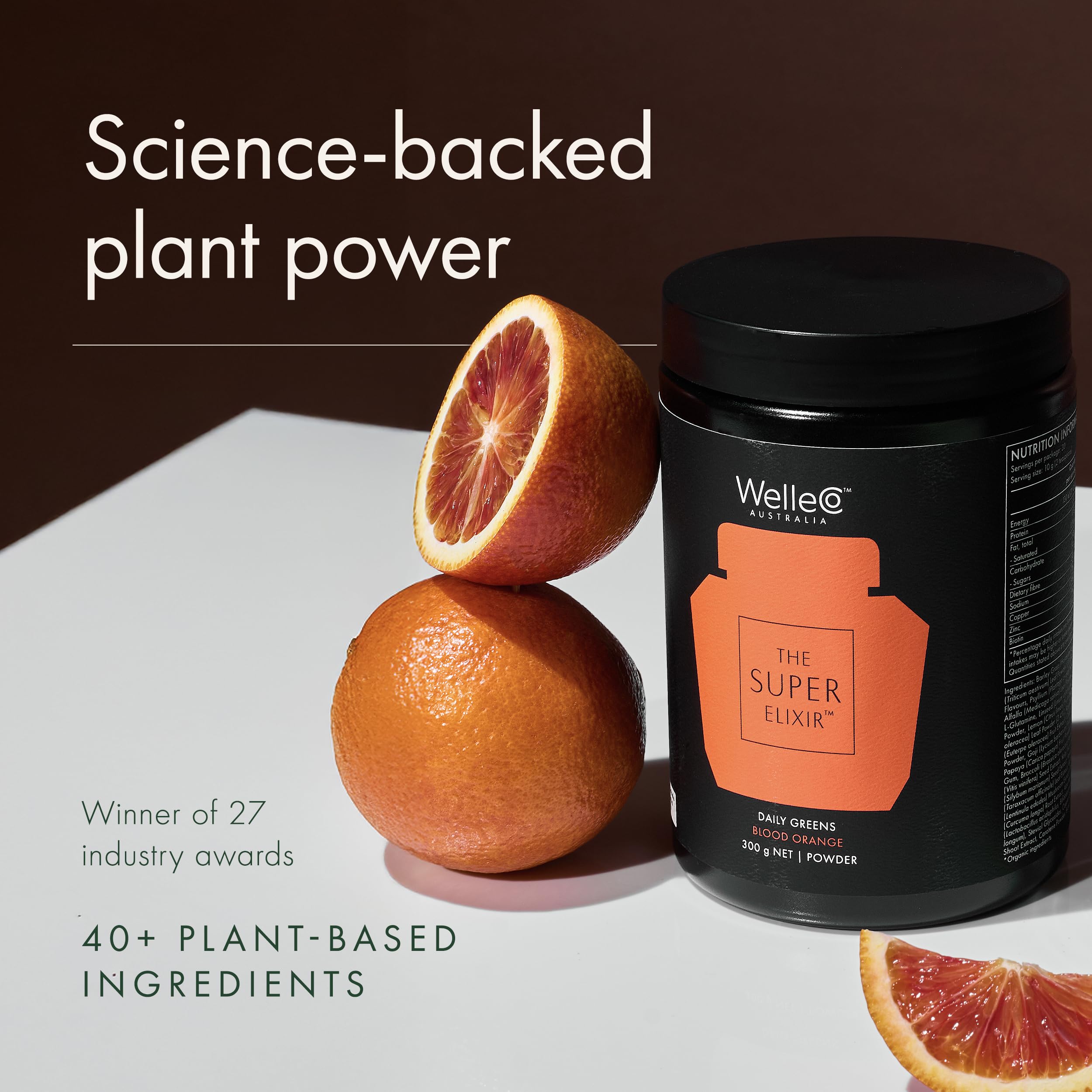 WelleCo The Super Elixir label close-up emphasizing clean plant-based nutrition