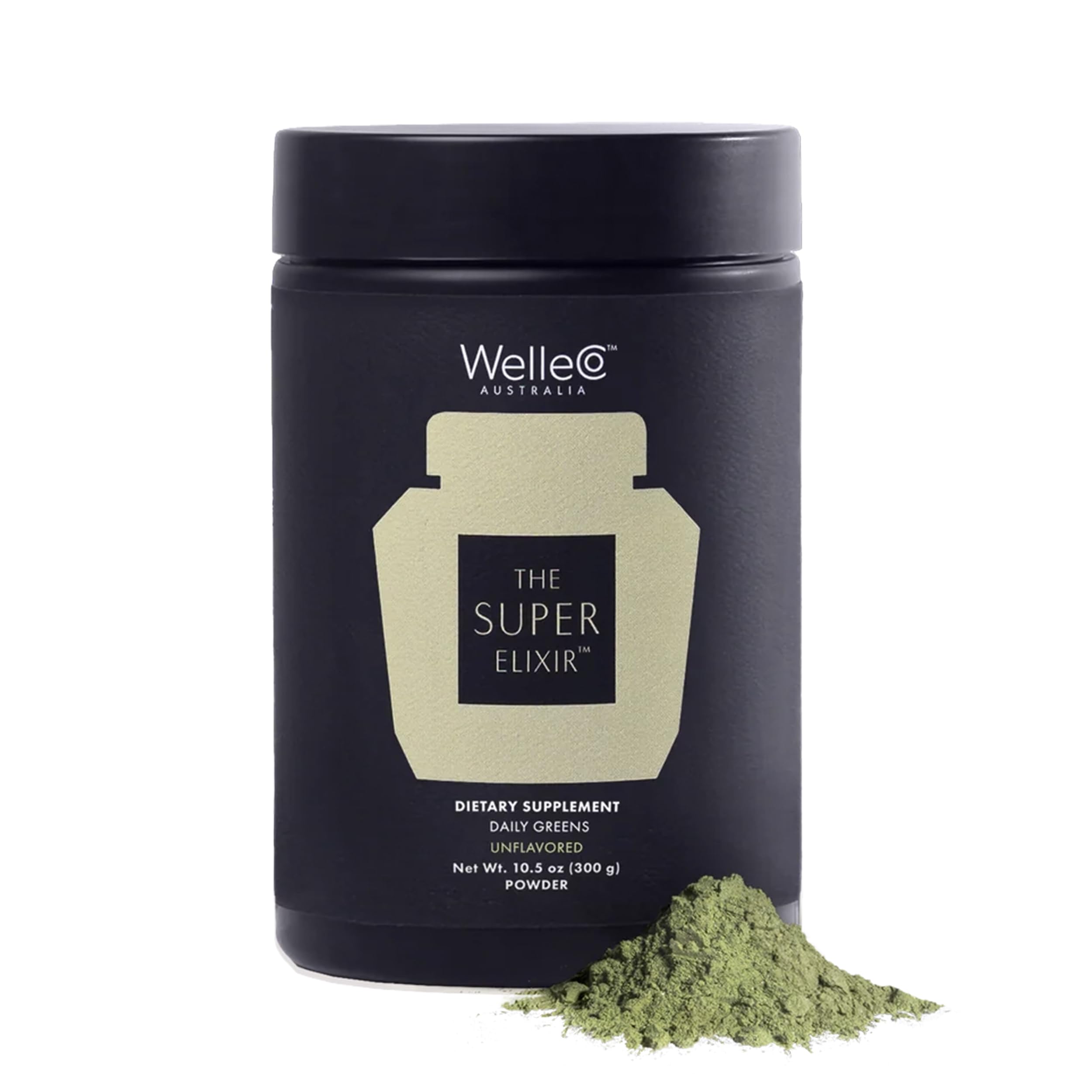 WelleCo Super Elixir jar front highlights daily greens for vitality and wellness.