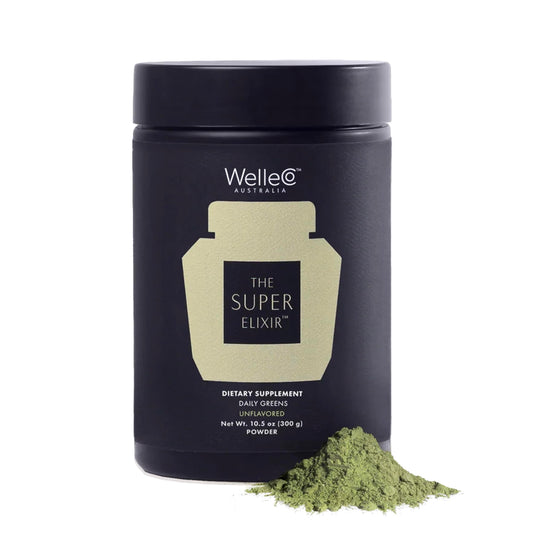WelleCo Super Elixir jar front highlights daily greens for vitality and wellness.