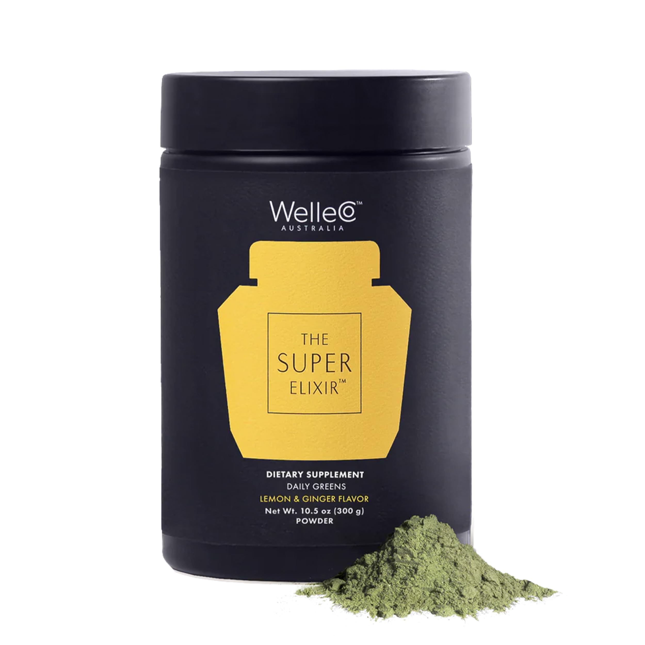 WelleCo The Super Elixir lemon-ginger tub close-up showing vegan, gluten-free formula for daily wellness.