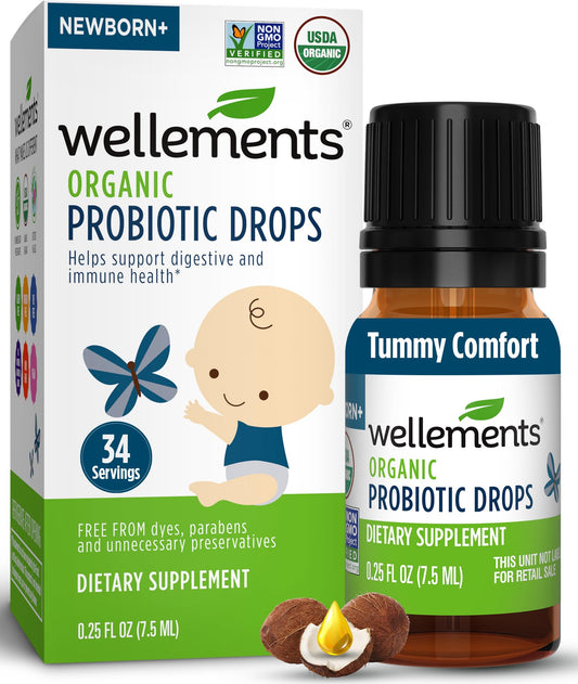 Wellements Baby Probiotic Drops bottle—easy dosing for infant gut comfort.