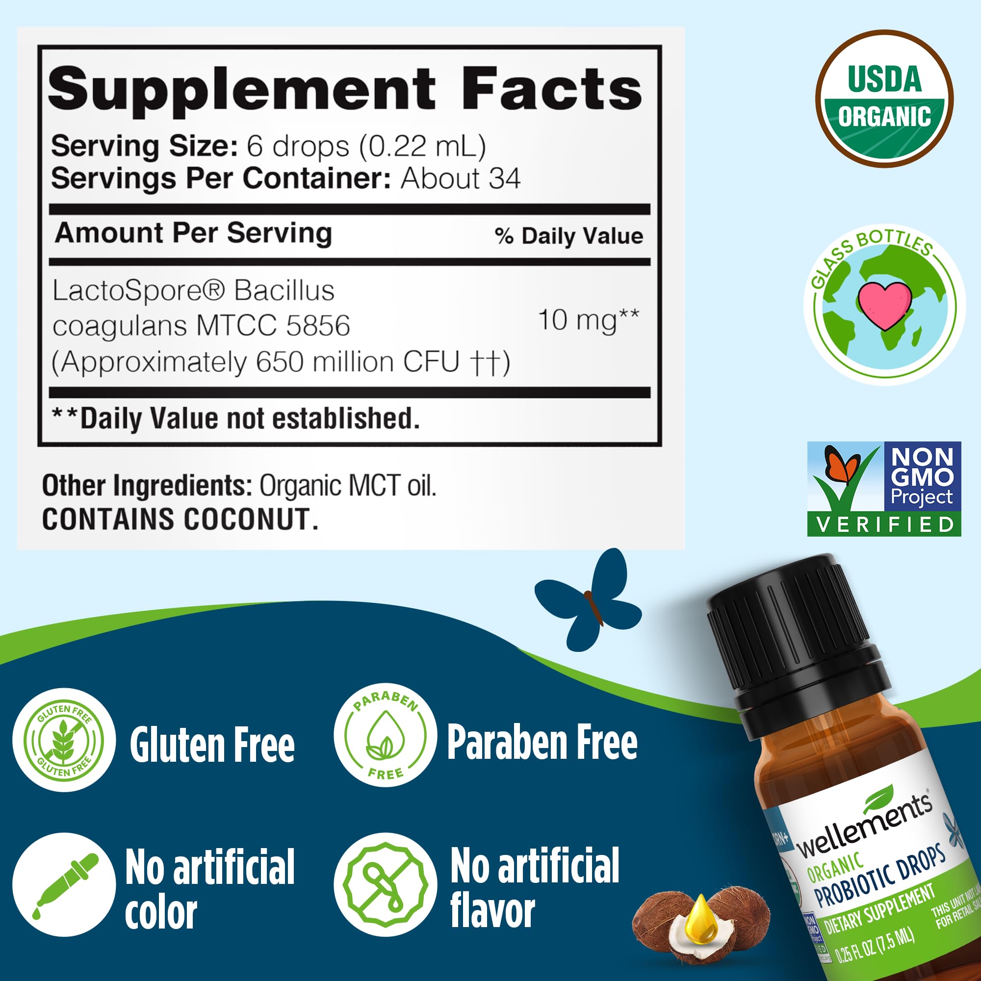 Wellements Organic Probiotic Drops label—USDA Organic and Non-GMO certifications.