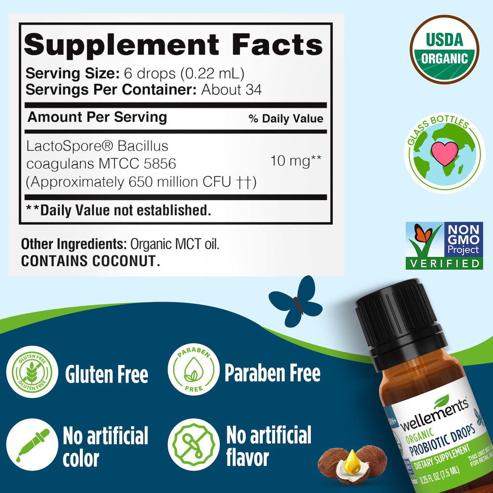 Wellements Organic Probiotic Drops label—USDA Organic and Non-GMO certifications.