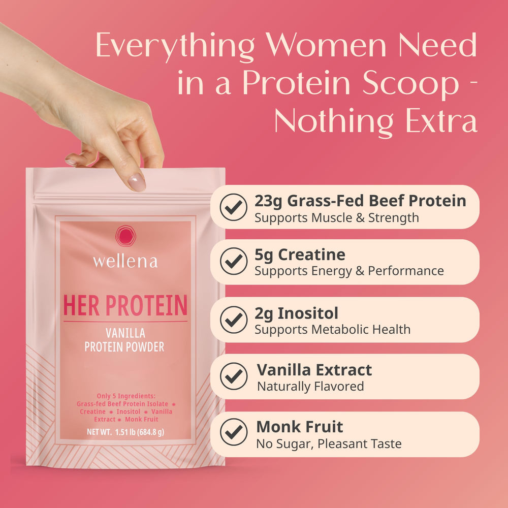 Wellena Her Protein grass-fed beef label highlights grass-fed source and clean protein.