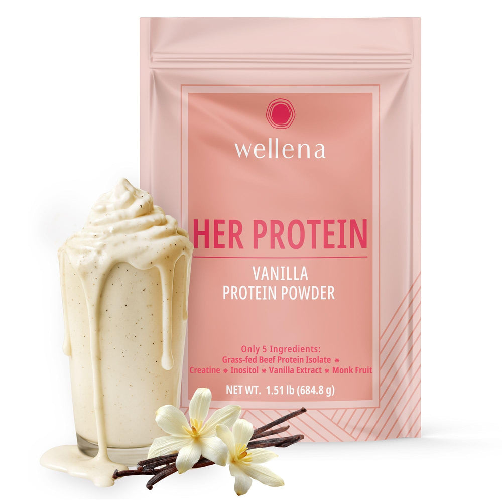 Wellena Her Protein vanilla monk fruit scoop for daily workouts and balanced nutrition.