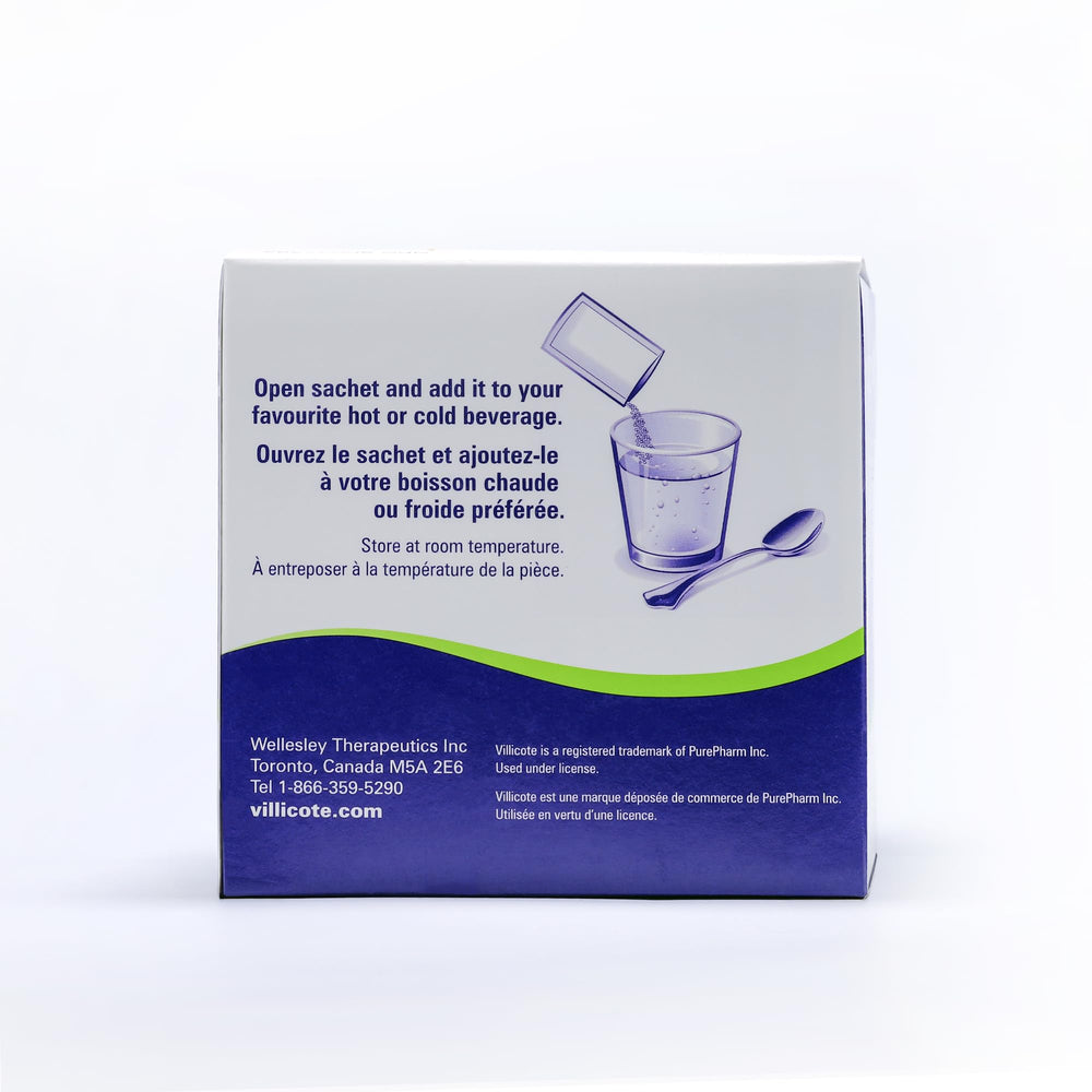 Villicote powder sprinkled into food for versatile dosing.
