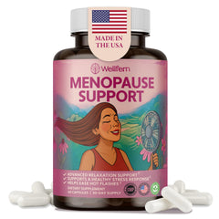 Wellfern menopause supplements bottle shows soothing balance for hot flashes.