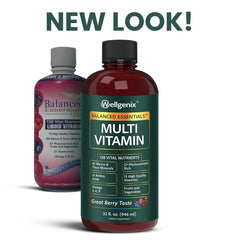 Wellgenix Balanced Essentials bottle being poured into a glass for easy dosing.
