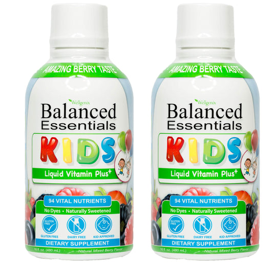 Wellgenix Balanced Essentials Kids Liquid Multivitamin bottles front view for daily nutrition