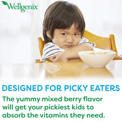 Wellgenix Balanced Essentials Kids Liquid Multivitamin label close-up with clear supplement facts