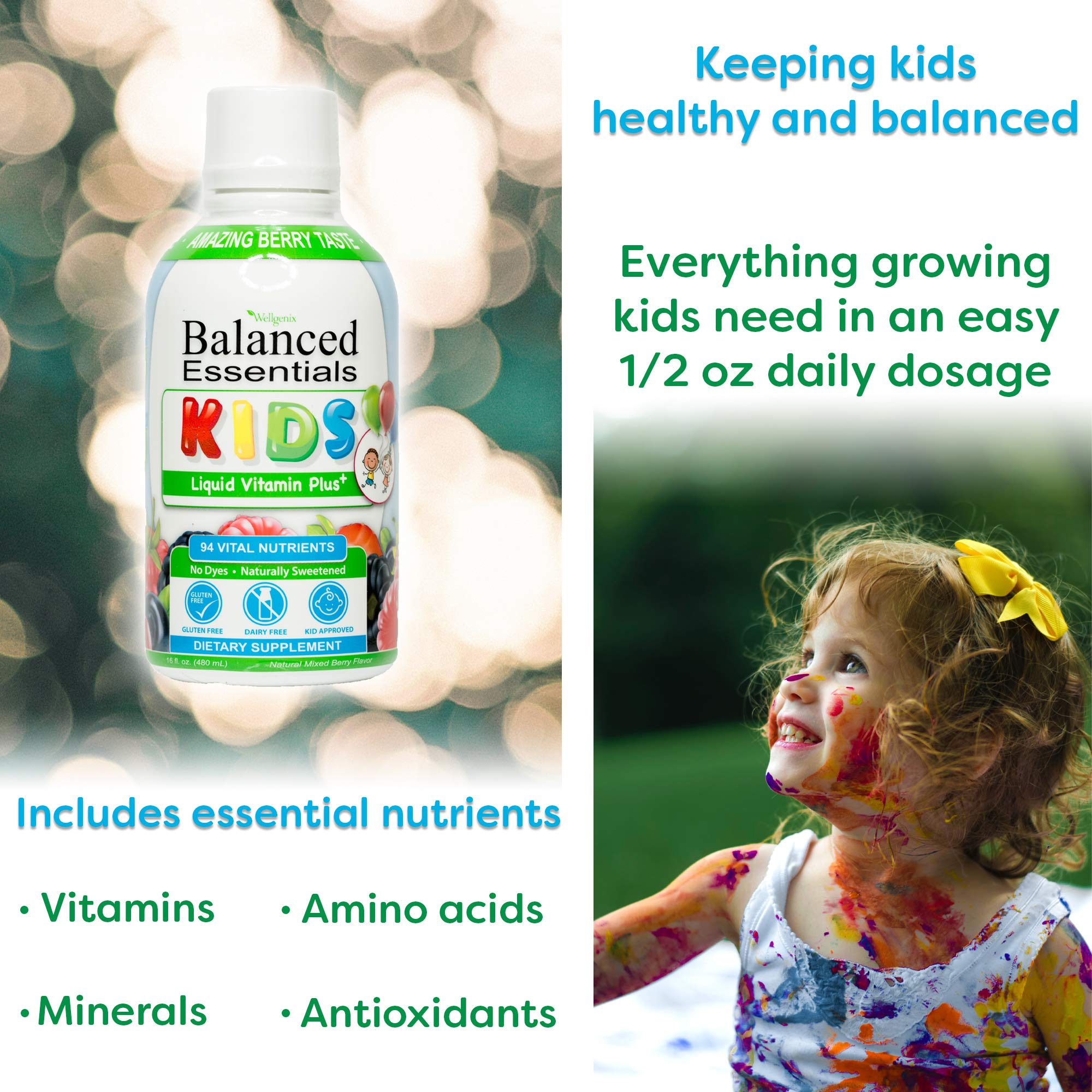 Pouring Wellgenix Balanced Essentials Kids Multivitamin mixed berry into juice