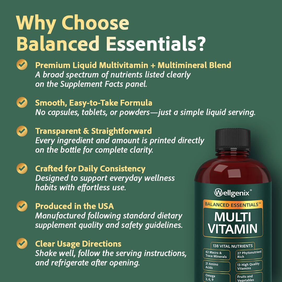 Wellgenix Balanced Essentials liquid poured beside a glass of water.