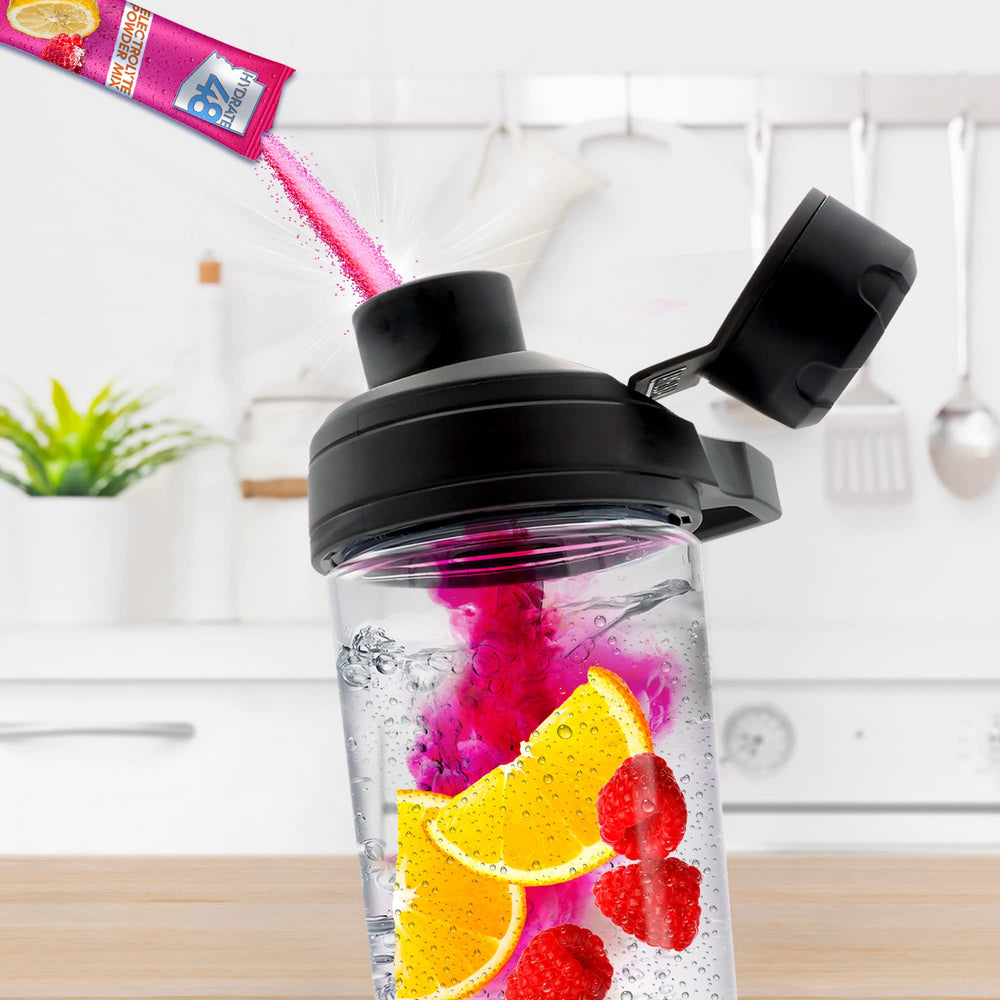Wellgenix Hydrate48 powder dissolving in water for fast replenishment.