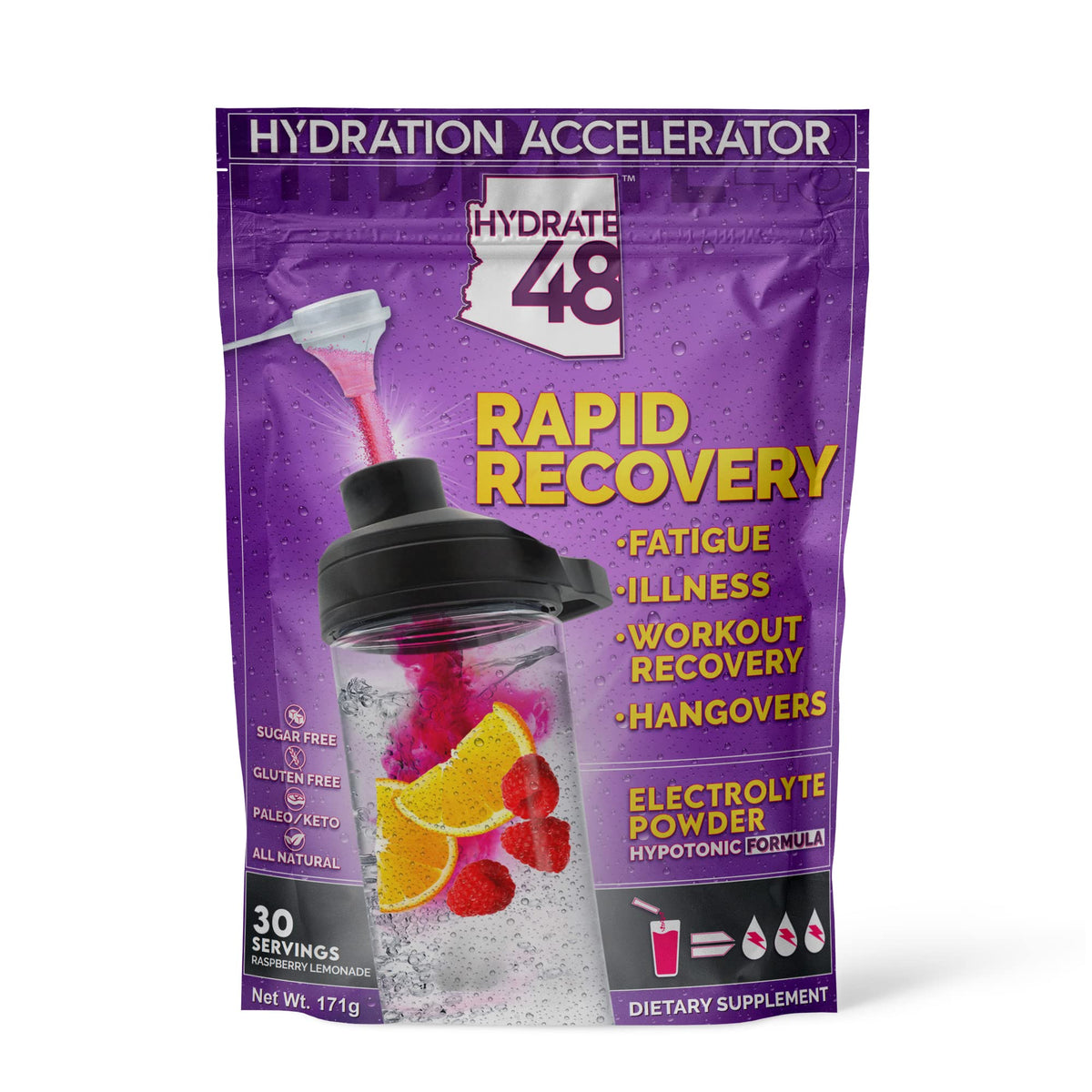 Wellgenix Hydrate48 raspberry lemonade packet for sugar-free hydration during workouts.