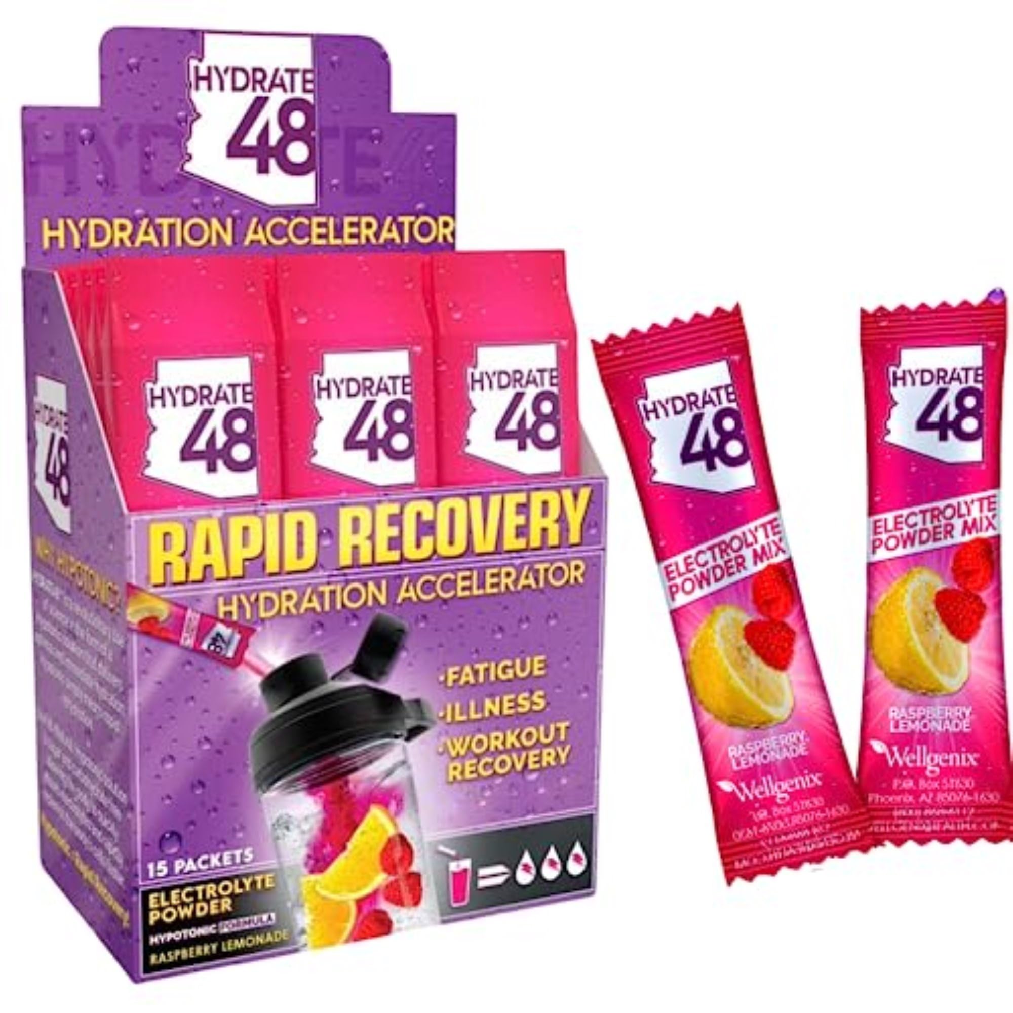 Wellgenix Hydrate48 Raspberry Lemonade packets offer sugar-free hydration.