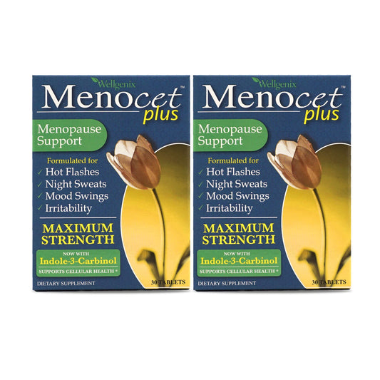 Wellgenix Menocet Plus bottle front for daily menopausal support.
