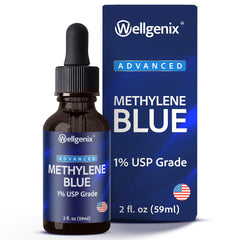 Wellgenix Methylene Blue Drops in amber bottle with glass dropper for precise dosing.