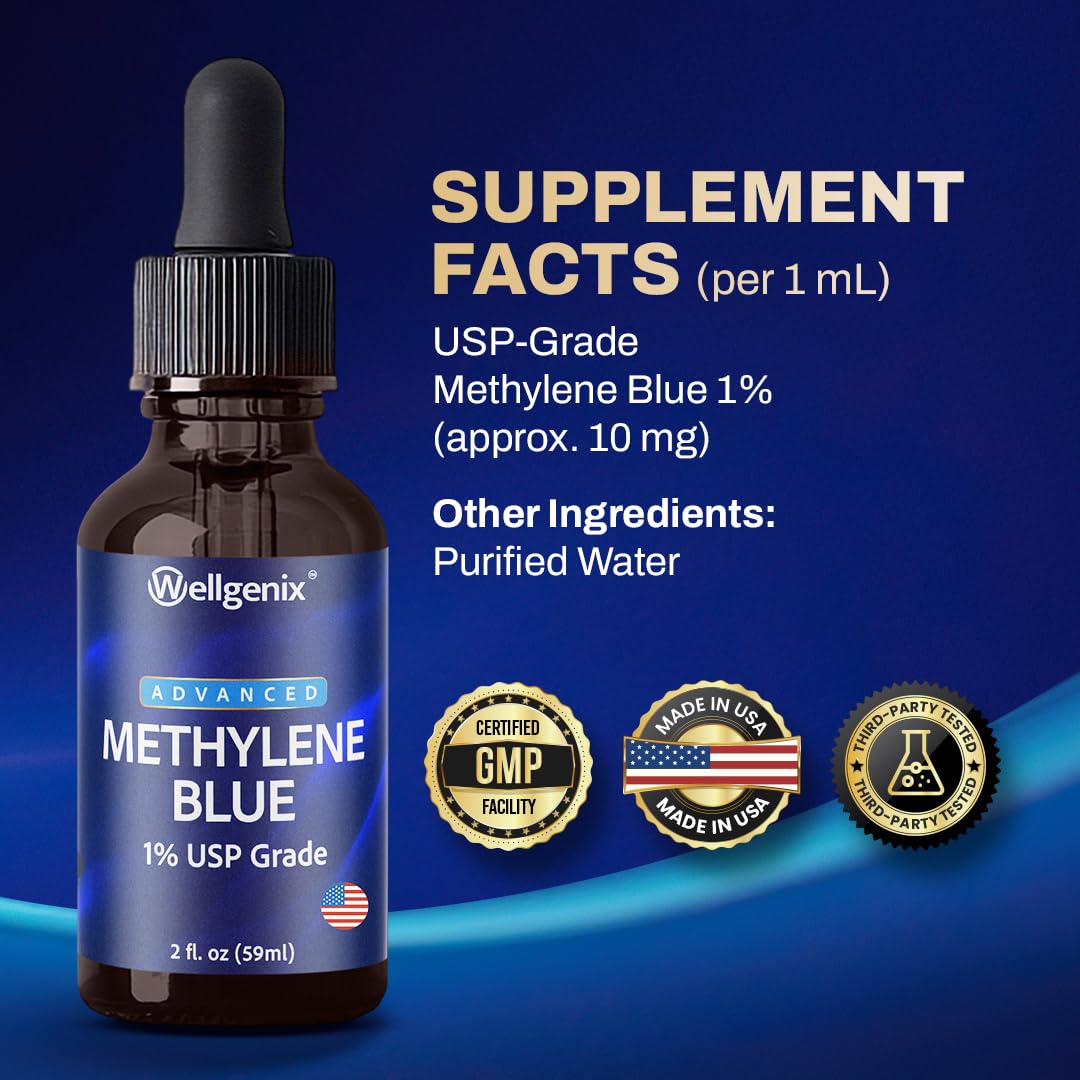 Wellgenix Methylene Blue Drops provide convenient dosing with a glass dropper.