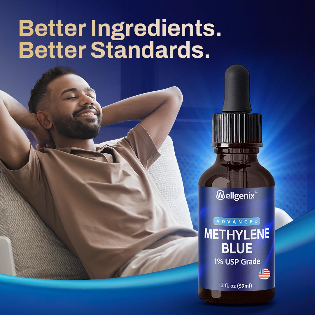 Wellgenix Methylene Blue Drops in amber bottle designed for longer shelf life.