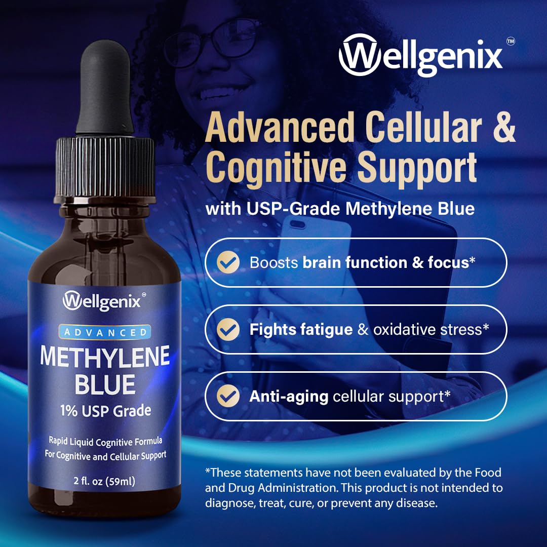 Wellgenix Methylene Blue Drops with glass dropper enable easy dosing and rapid absorption.