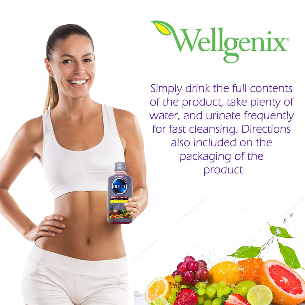 Wellgenix Omni Cleansing Drink bottle cap and label, emphasizing herbal detox ingredients.