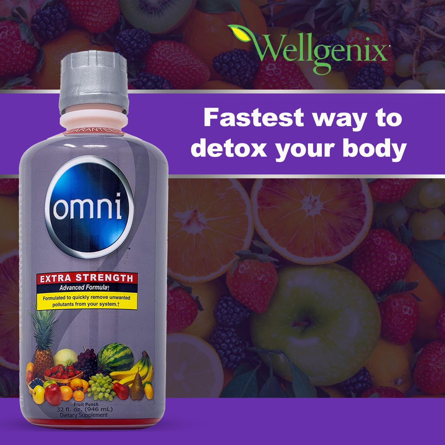 Wellgenix Omni Cleansing Drink label close-up highlighting vitamins for replenishment.