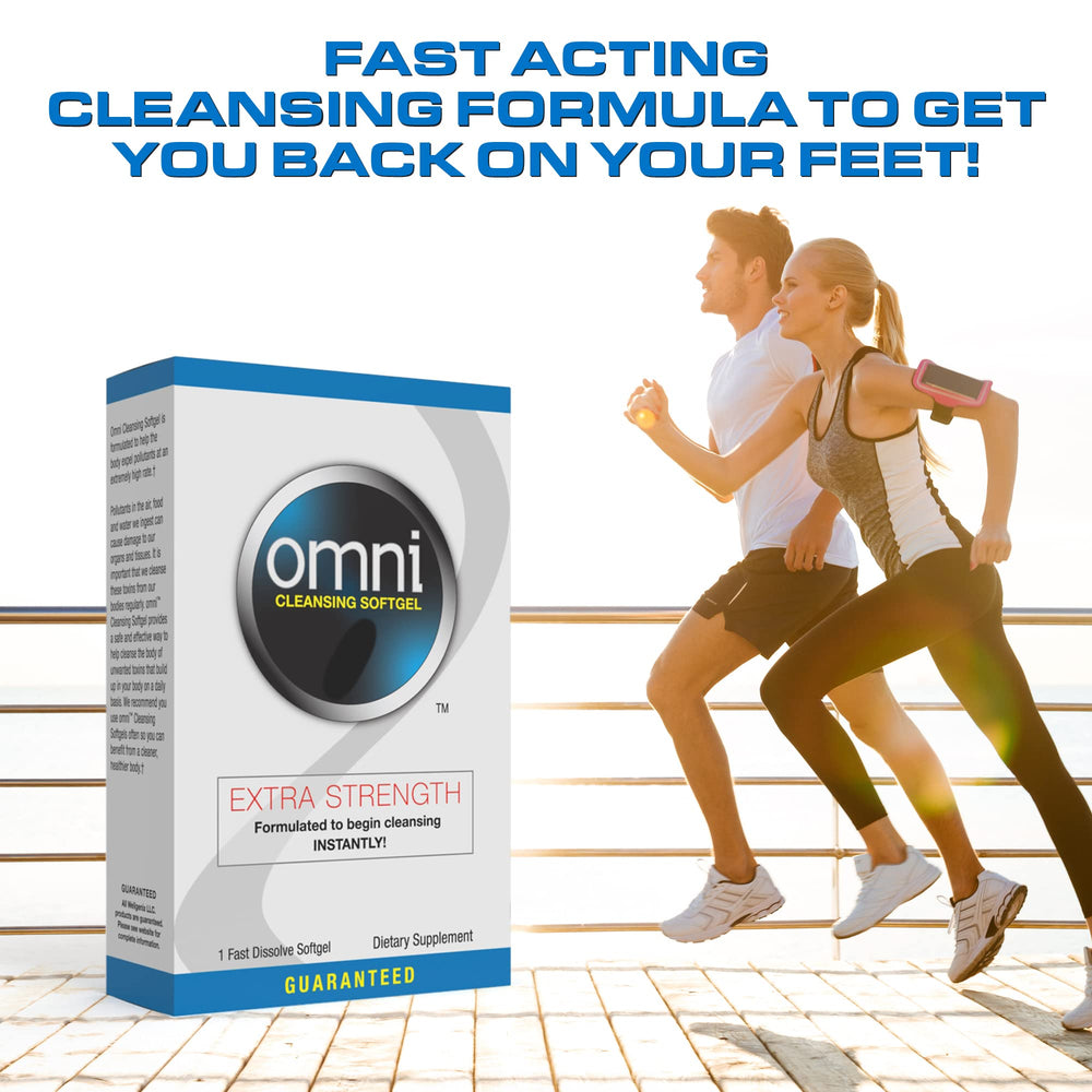 Wellgenix Omni detox softgel with burdock illustration emphasizes herb synergy.