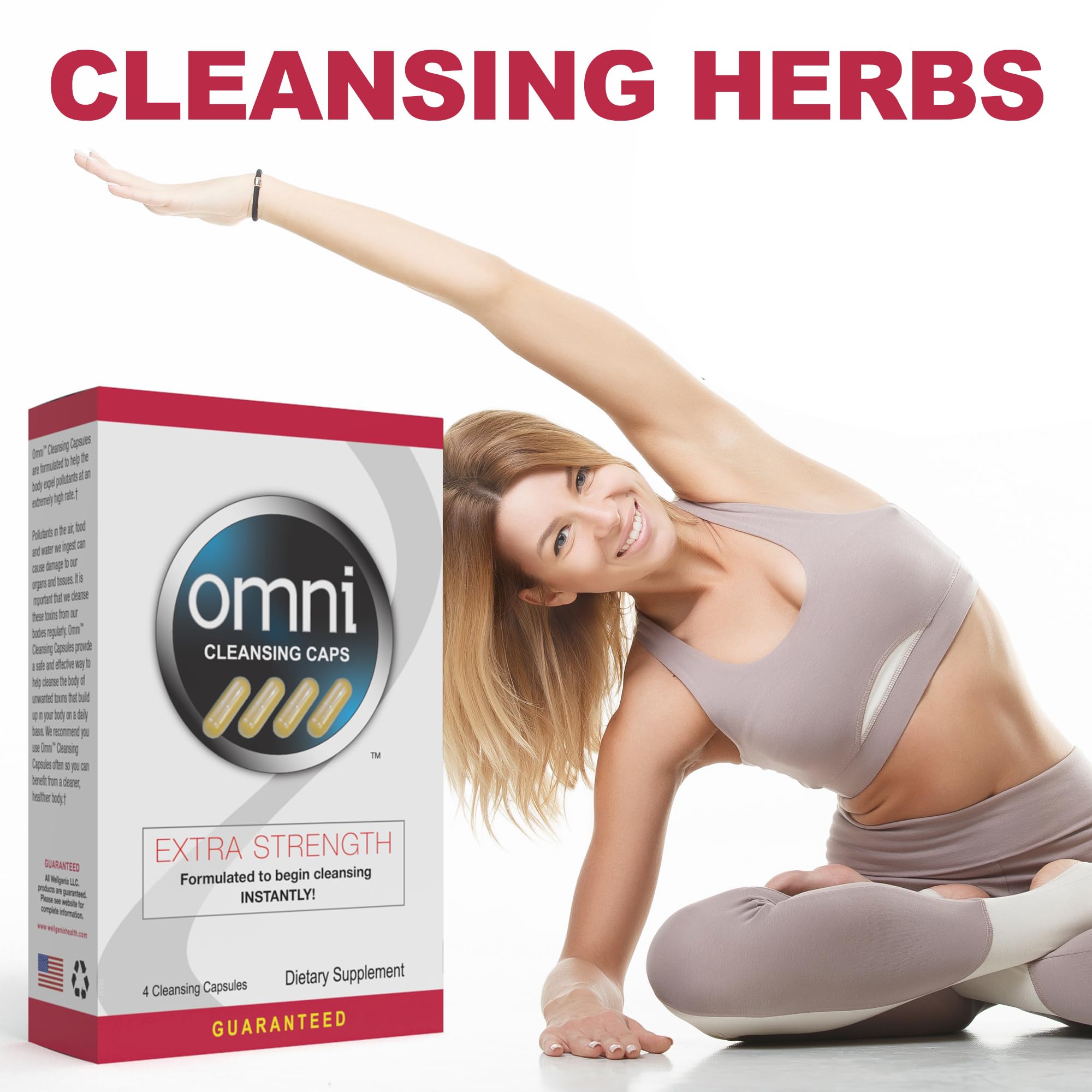 Close-up of Wellgenix Omni Herbal Cleanse capsules highlighting fast-acting use.