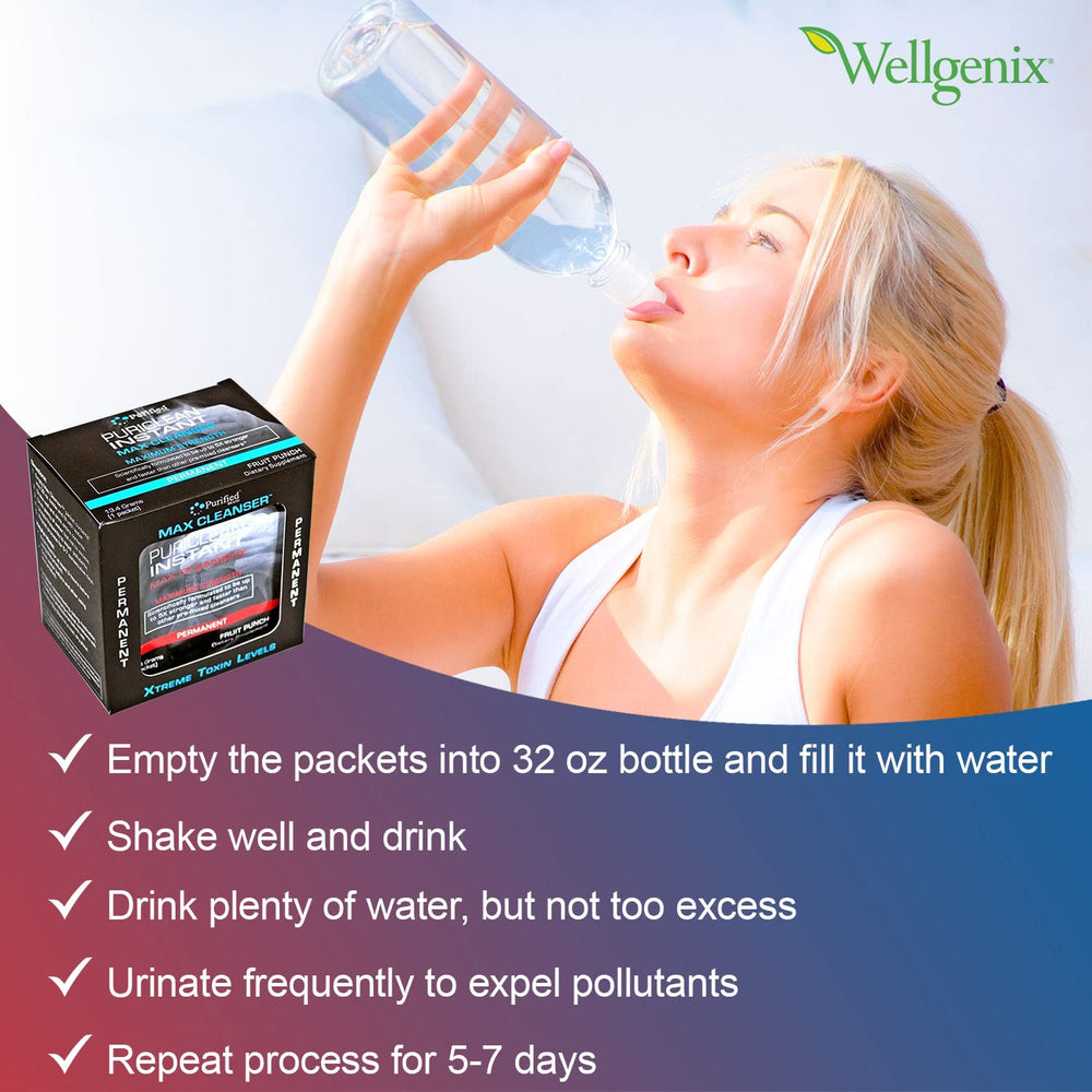 Wellgenix Puriclean Instant Max Cleanser packaging highlighting 7 packets for a week-long cleanse.