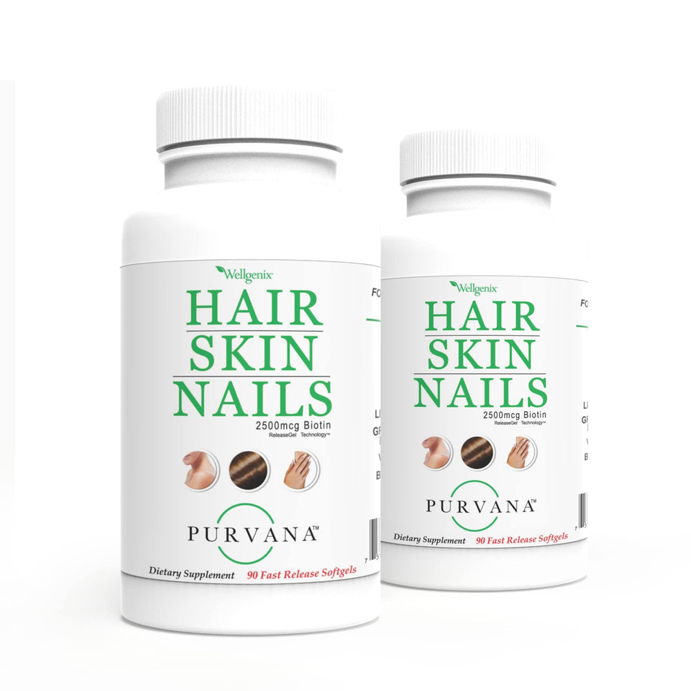 Wellgenix Purvana bottle front shows daily biotin softgels for hair and nails.