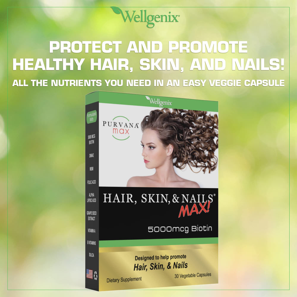Wellgenix Purvana MAX capsule close-up emphasizing biotin content for hair support.