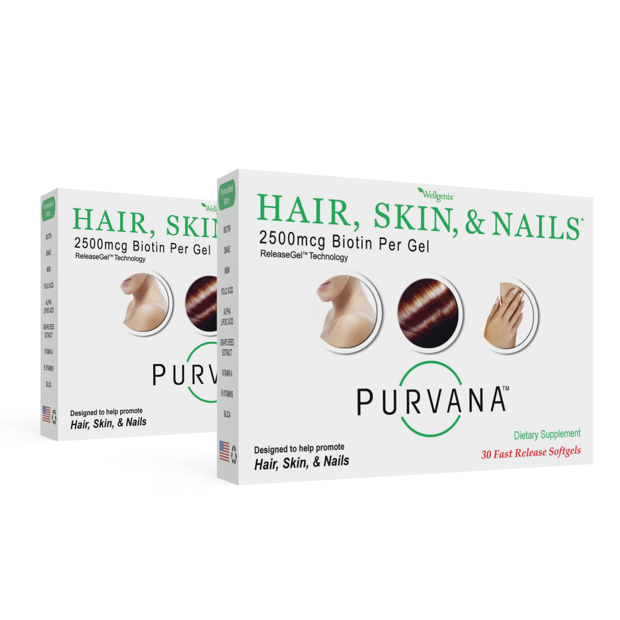 Wellgenix Purvana softgels bottle on a clean counter, supporting daily hair, skin, and nails.