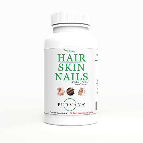 Wellgenix Purvana softgels closeup highlights precise 2500mcg biotin formula.