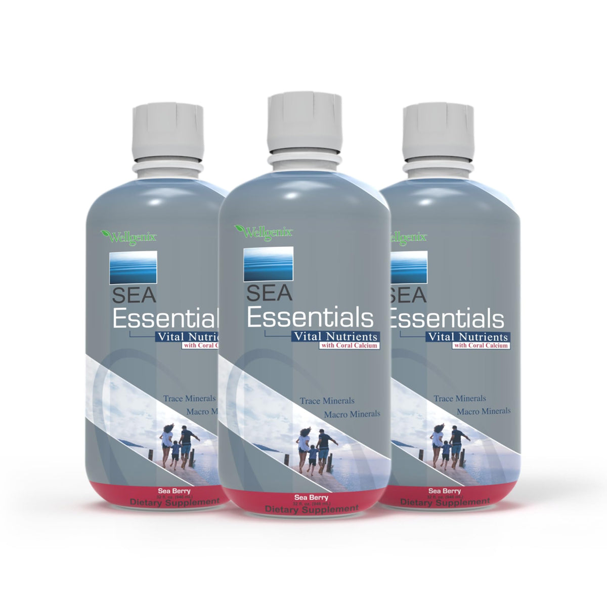 Wellgenix Sea Essentials bottle front view highlighting coral calcium liquid for daily wellness.