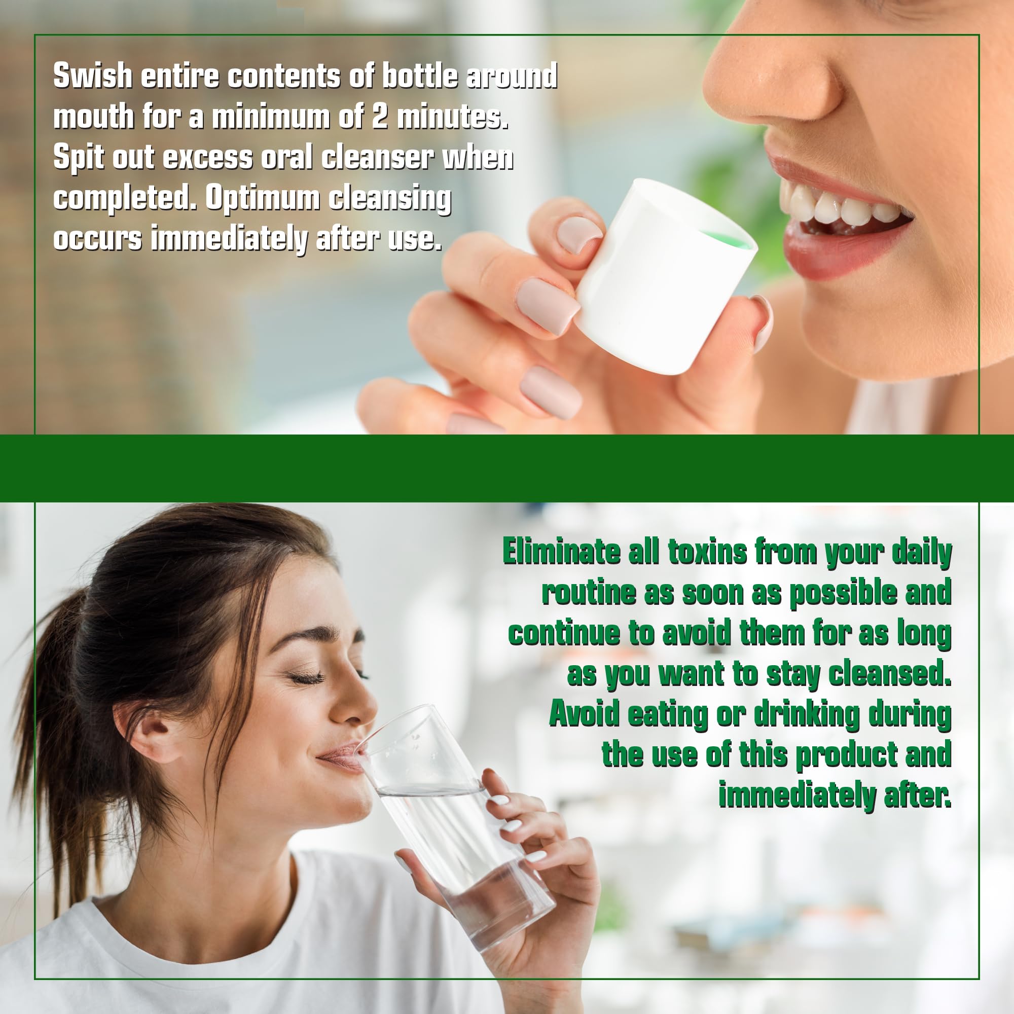 Clear dosage directions for a two-minute swish