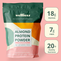 Wellious almond protein powder bowl mixing, ready to blend into smoothies.