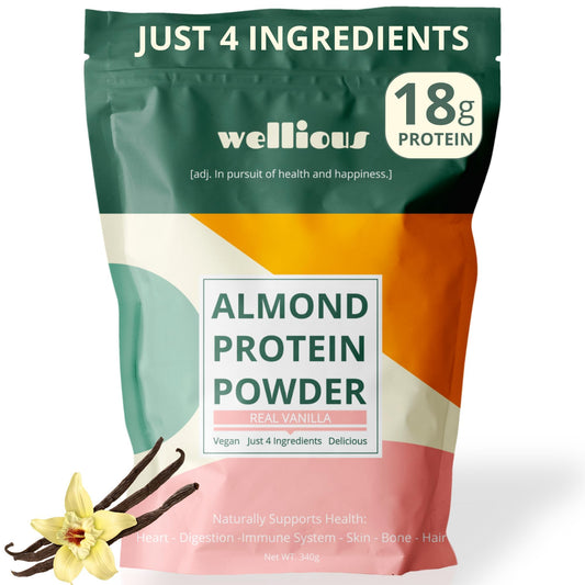 Wellious almond protein powder vanilla tub, dairy-free vegan protein for daily fueling.