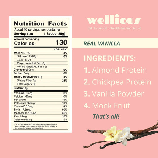 Wellious vanilla vegan protein shake close-up, smooth texture for easy blending.