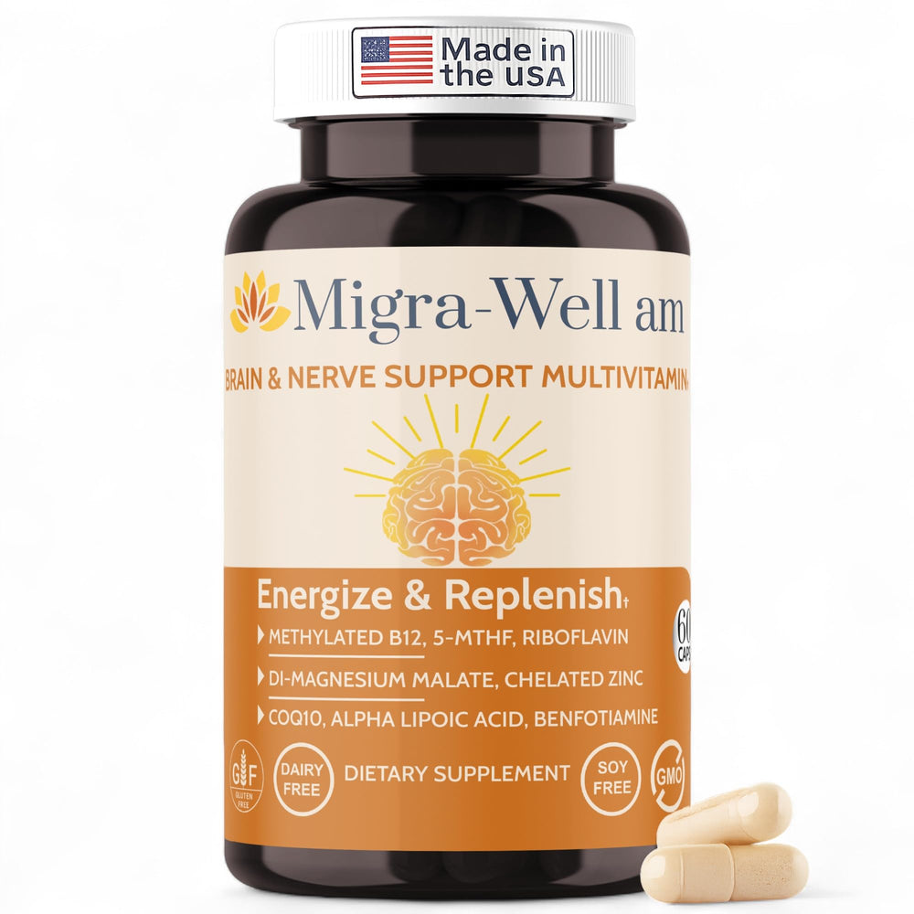 Wellkasa Migra-Well AM bottle front with pills for daily energy support.