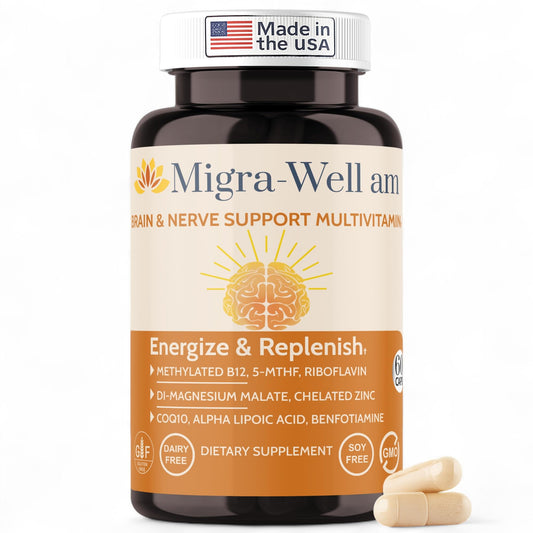 Wellkasa Migra-Well AM bottle front with pills for daily energy support.