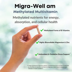 Wellkasa Migra-Well AM ingredients label close-up featuring key methylated nutrients.
