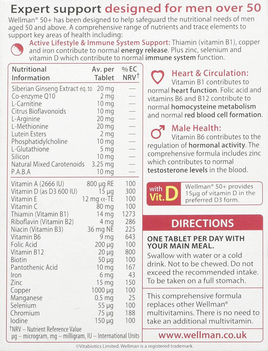 Wellman 50+ bottle front, gluten-free formula for vegetarians.